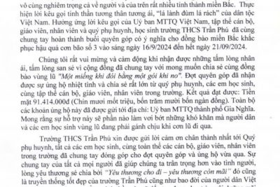 THƯ CẢM ƠN VỀ VIỆC ỦNG HỘ CHO ĐỒNG BÀO MIỀN BẮC KHẮC PHỤC HẬU QUẢ SAU CƠN BÃO SỐ 3 (YAGI)